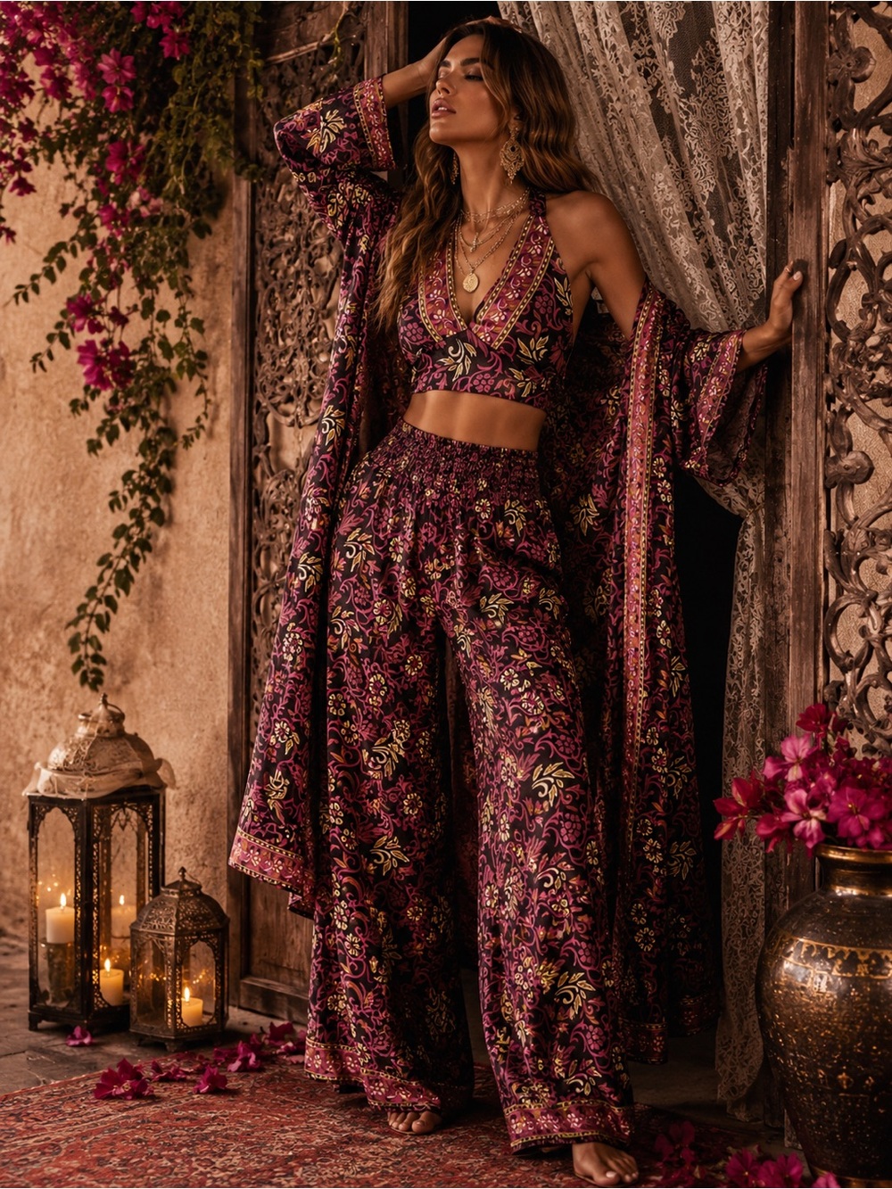 NWT Rhea 3 Piece Boho Set One Size Duster Halter Top Wide Leg Pants